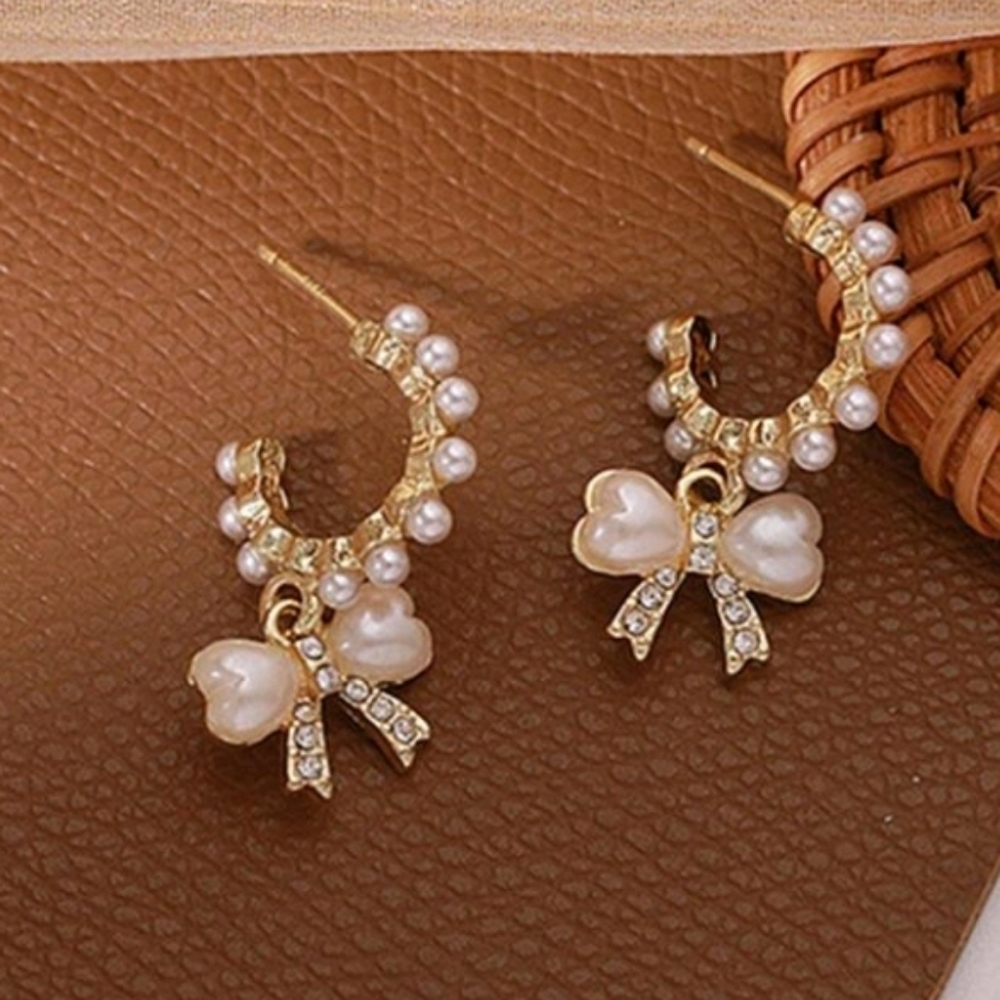 New Gold and Faux Pearl Bow Drop Earrings